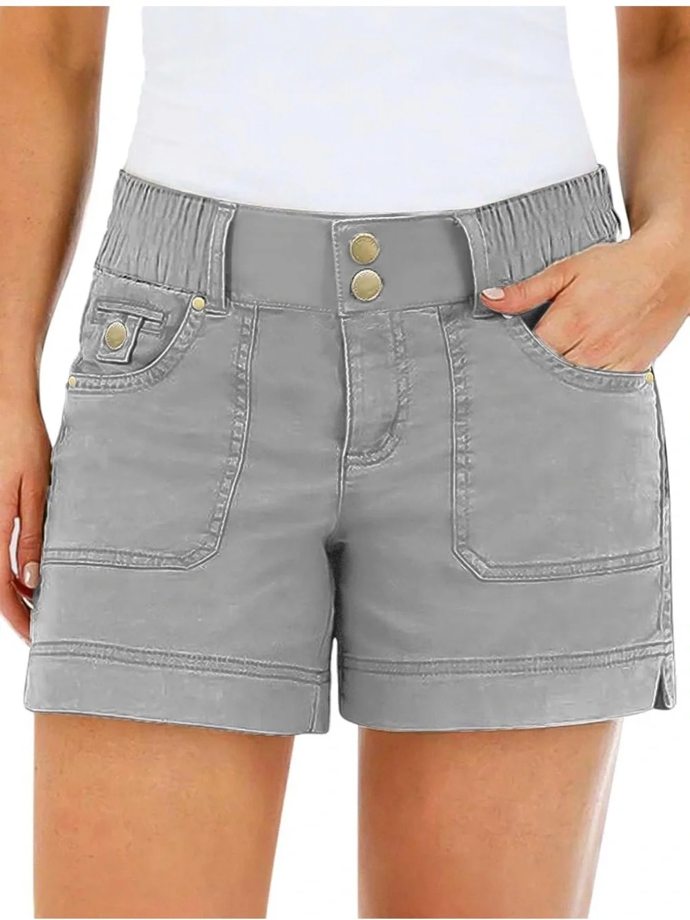 Flamingals Mid Waist Solid Split Side Flap Pocket Casual Shorts L FG28-15